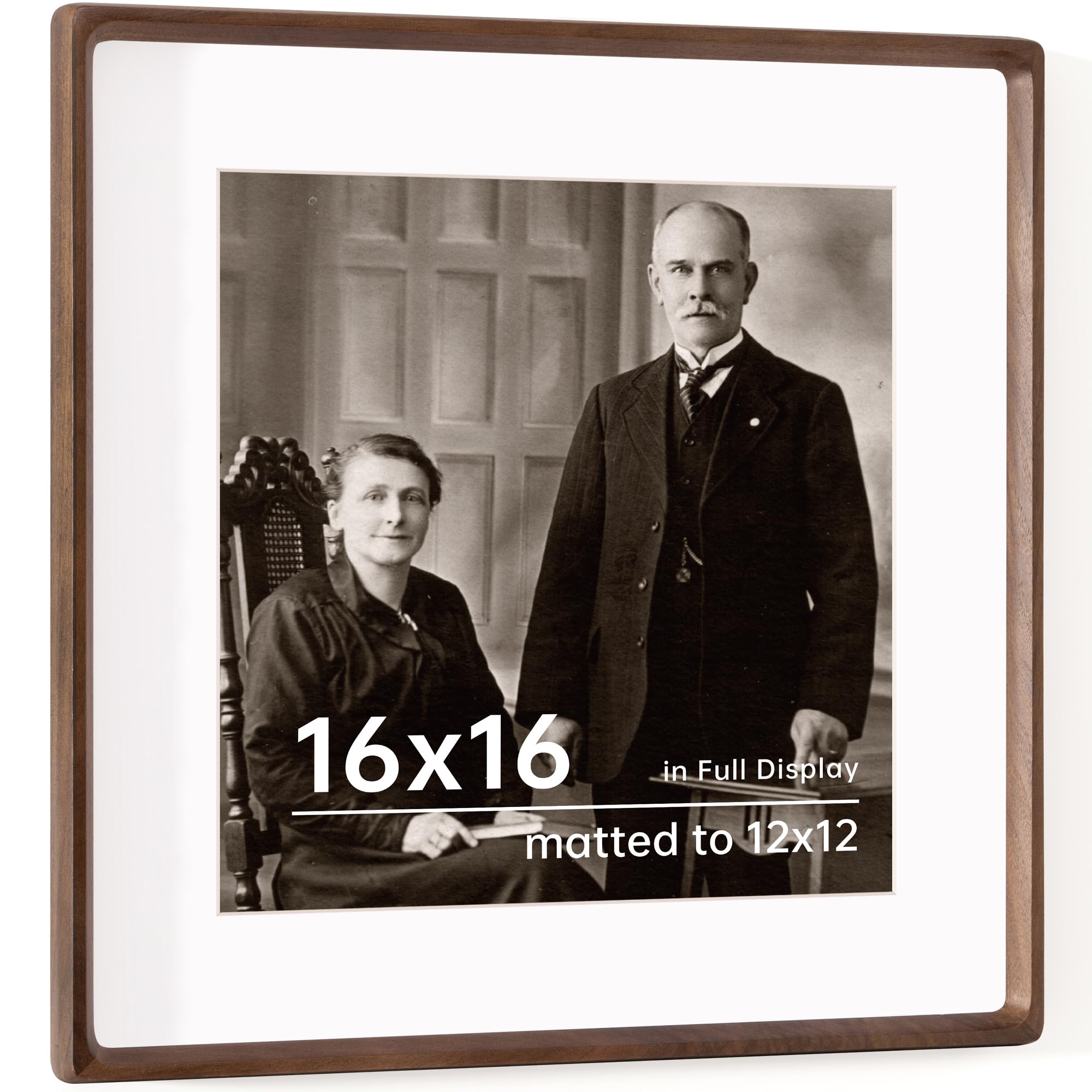 Photo 1 of 16x16 Picture Frame USA-Sourced Natural Walnut Wood Solid Original Wood Photo Frame Rounded Corner with Mat to 12x12 Picture Display with Real Glass Family, Wedding Picture, Photo, Certificate