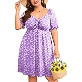 ZOMVA 2025 Plus Size Dress for Curvy Women Tie Front Sweetheart Neck Puff Short Sleeve Swing A Line Midi