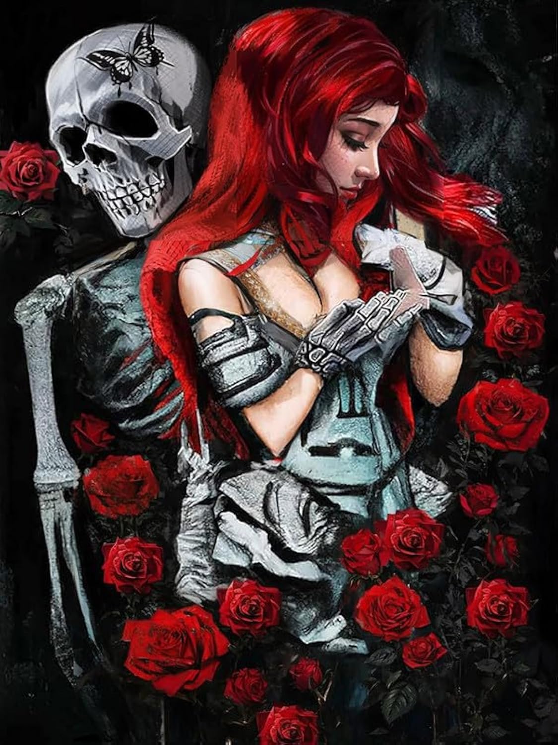 Reofrey 5D Diamond Painting Kit Rose Skull Woman Full Drill for Adults, Paint with Diamonds Art Rhinestone Embroidery Cross Stitch Craft Decor (30x40 cm/ 12x16 inch)