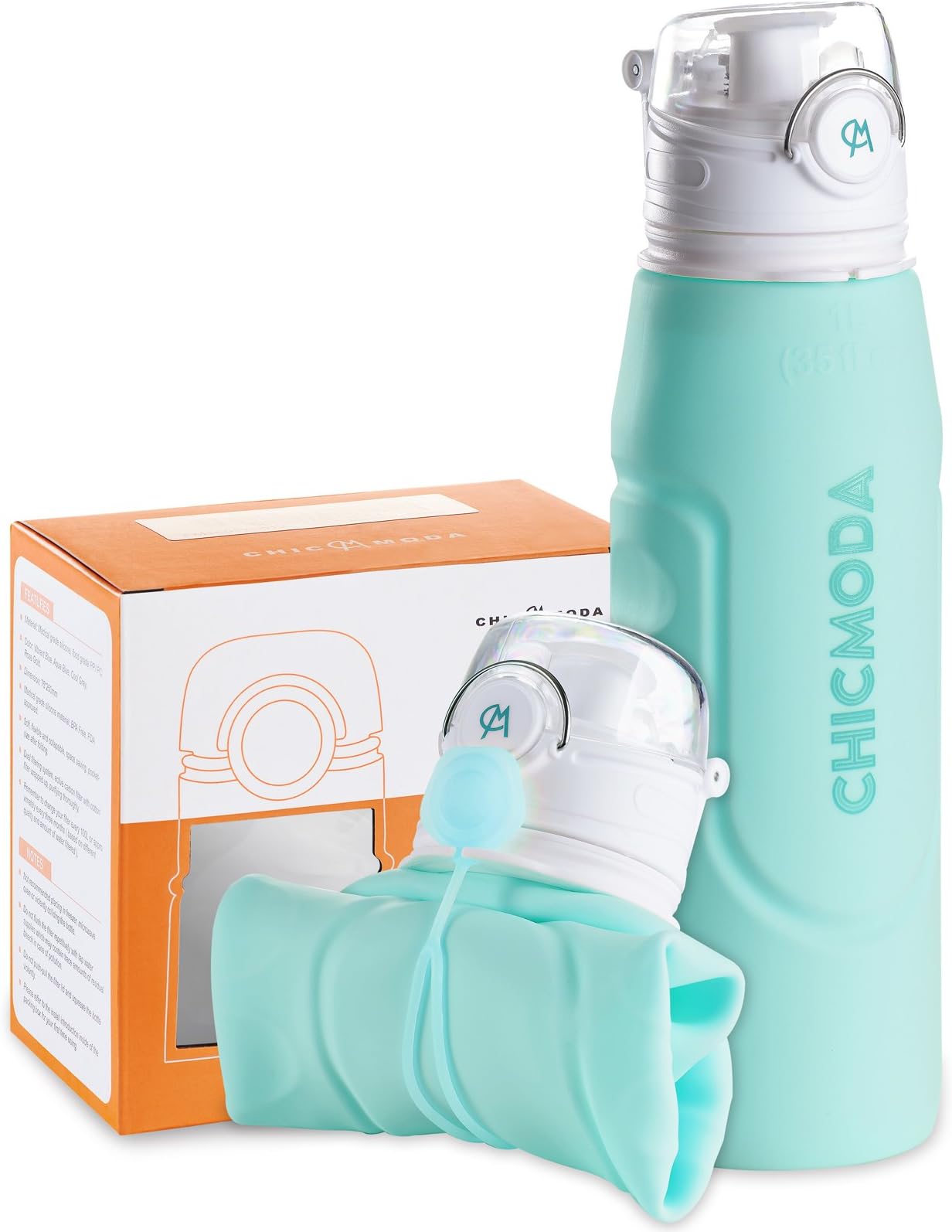 CHICMODA Collapsible Foldable Water Bottle, Silicone Lightweight 35 oz Portable Bottles Leak Proof, BPA Free, FDA Approved, Flip top for Travel Sports and Outdoors 1000ml