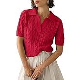 Imily Bela Women's Cable Short Sleeve Sweaters Tops Solid Lapel V Neck Knit Casual Soft Pullover Shirt