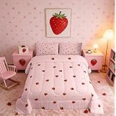 Kawaii Bedding, Pink Strawberry Decor Comforter Set Full, for Women Girls Kids Kawaii Room Decor, Cute Strawberry Duvet Set Reversible Cute Kawaii Strawberry Quilt Duvet Set with 2 Pillowcases