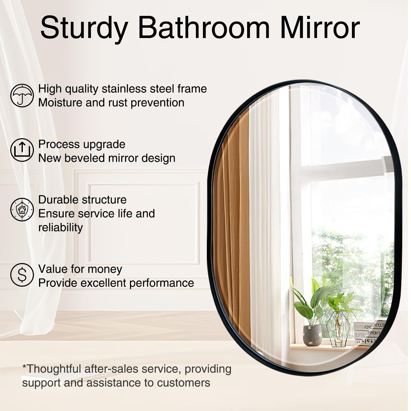 POZINO Black Oval Mirror, Beveled Scalloped Mirror, 22