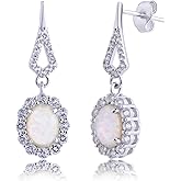 925 Sterling Silver Halo Sunburst Gemstone Oval Dangle Earrings for Women | Hypoallergenic 8x6mm Birthstone Earrings with White Topaz Accent Stones by MAX + STONE