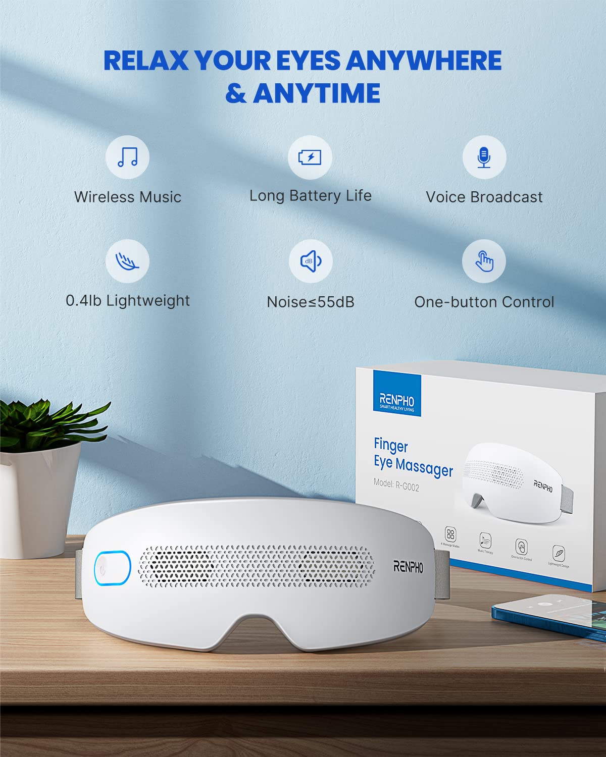 RENPHO Eye Massager for Migraines with Bluetooth Music, Vision Window, 16 Silicone Nodes, True View Finger Eye Mask Massage for Eye Relax, Reduce Eye Strain, Dark Circles, Improve Sleep