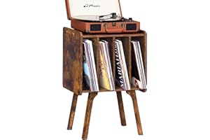 LELELINKY Small Record Player Stand - Width 11.7 in, Brown Vinyl Record Storage Table with 4 Cabinet Up to 80 Albums, Vinyl Holder with Wood Legs,Turntable Stand Display Shelf for Bedroom Living Room