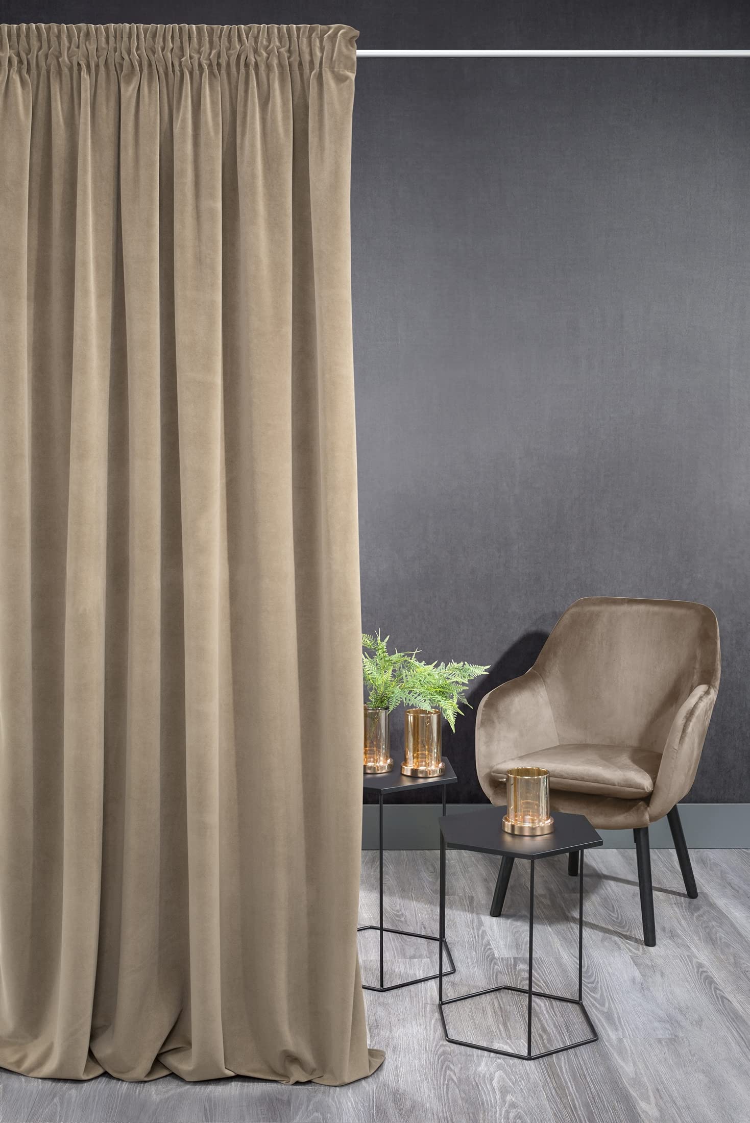 Eurofirany KRISTI Velvet Curtain with Rufflette Tape - 1 pc. Thermal Curtain, Blackout Curtain for Bedroom Living Room Dining Room, Density 330g/m², W55 x L106, Light Brown