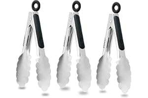 Anaeat 3 Pack 7" Mini Stainless Steel Cooking Tongs - Sturdy Coiled Spring Locking Kitchen Food Tong with Non-Slip Silicone Grip for Serving, Cooking, Baking - Heat Resistant up to 480°F (Black)