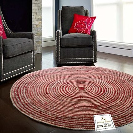 Avioni Dyed Jute Red Modern Round Rug-Carpet for Living Room-122 cm (~ 4 feet) Diameter