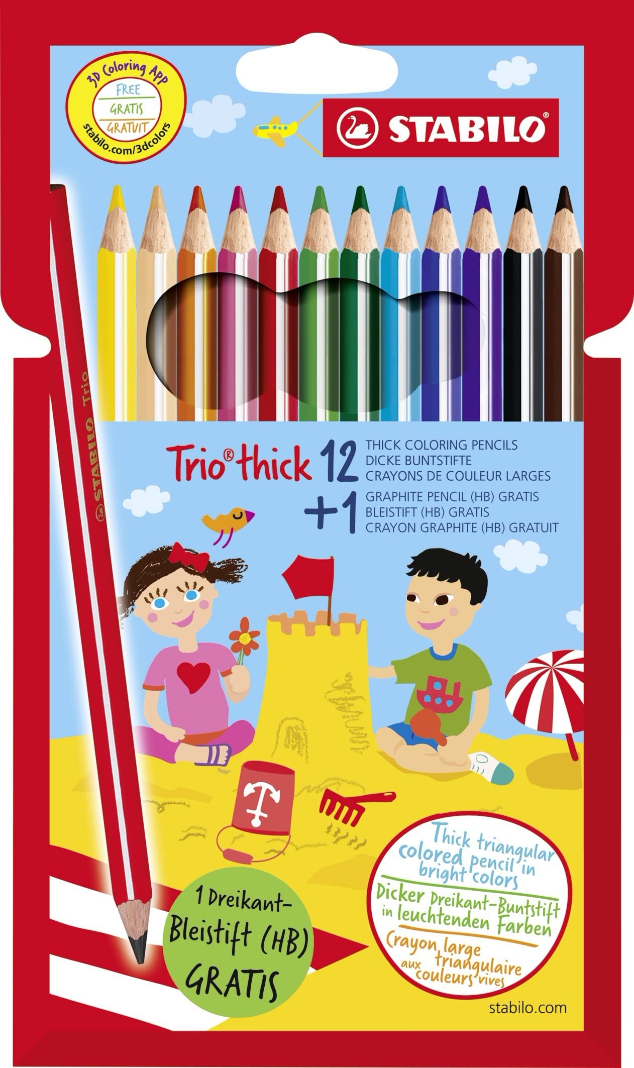 Colouring Pencil - STABILO Trio thick Wallet of 12 Assorted Colours + 1 Graphite Pencil FOC