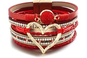 hotoo Leather Wrap Bracelet for Women Beaded Cuff Bracelet with Heart-shape Decor Bohemian Crystal Bracelet Jewelry with Clasp Bangle Bracelet for Women Girls Birthday Holiday Gift