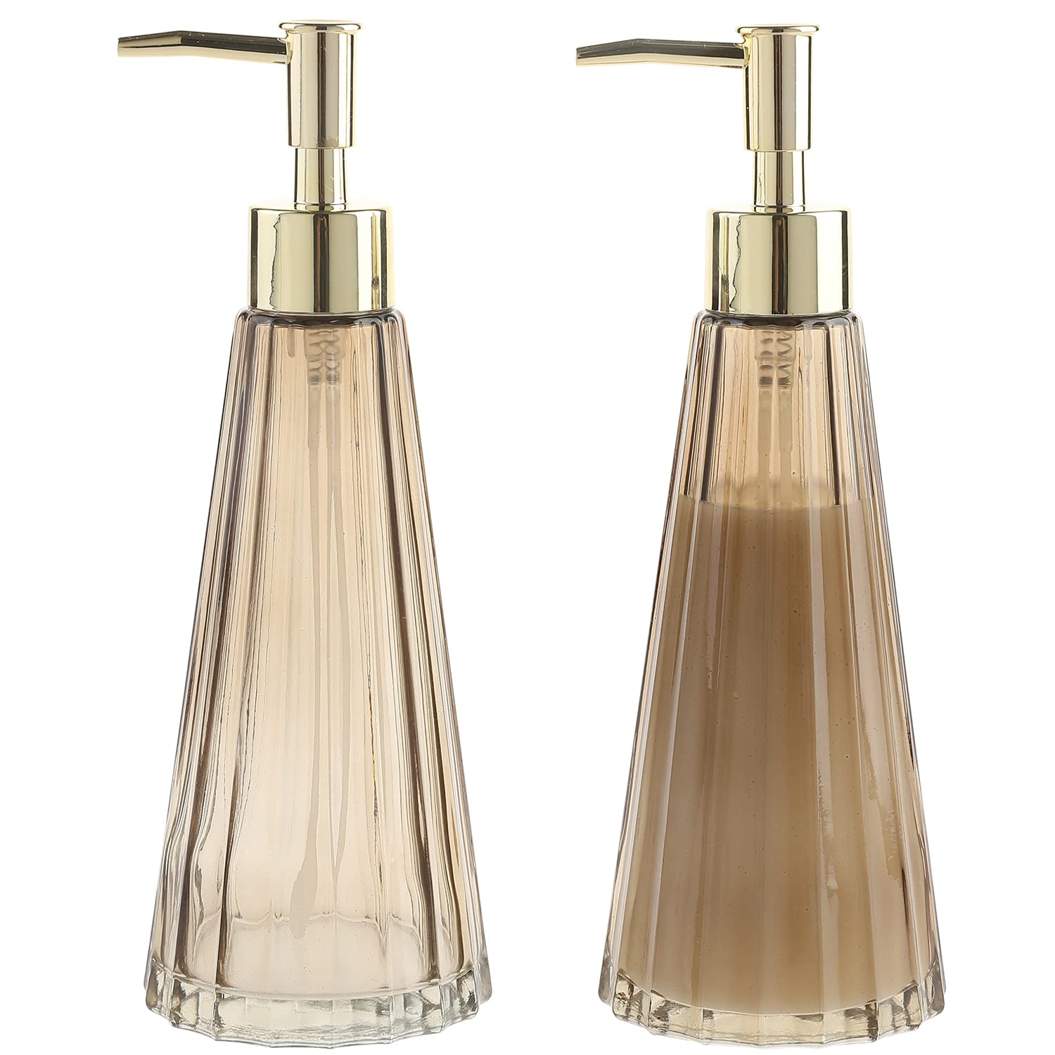 Photo 1 of MyGift Vintage Smoked Glass and Brass Liquid Soap/Lotion Pump Dispenser with Vertical Ribbed Design, Set of 2