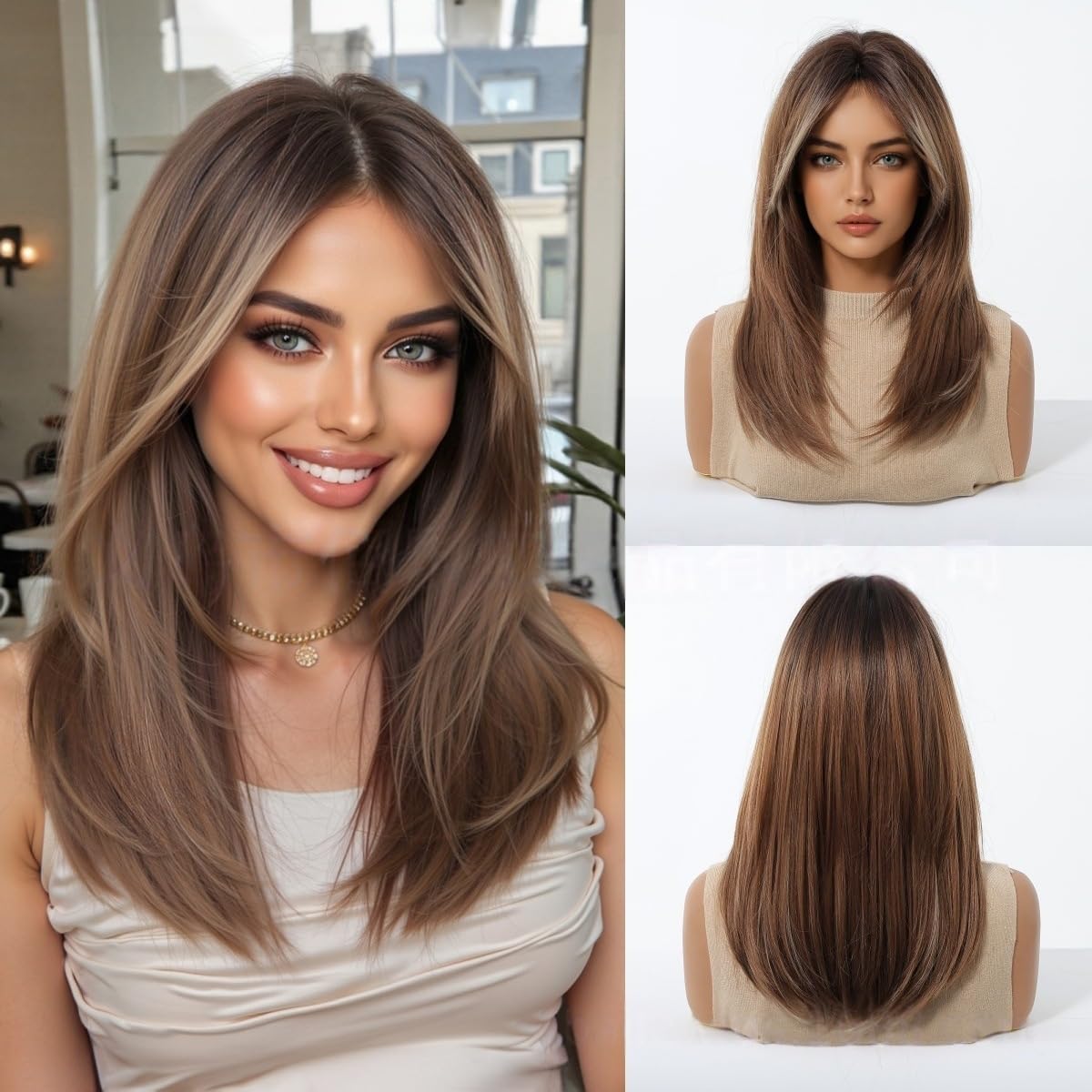 Photo 1 of Umbrion Ombre Dark Brown Layered Human Hair Wigs Medium Long Straight With Center Part For Women Natural Look Glueless Daily (Highlighted Brown)