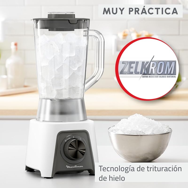 Liquidificador moulinex blendeo+ lm2c01 450 w, capacidade 1,5l, aço inoxidável, liquidificador de 2 velocidades, triturador de gelo, lâminas zelkrom resistentes, bloqueio inteligente