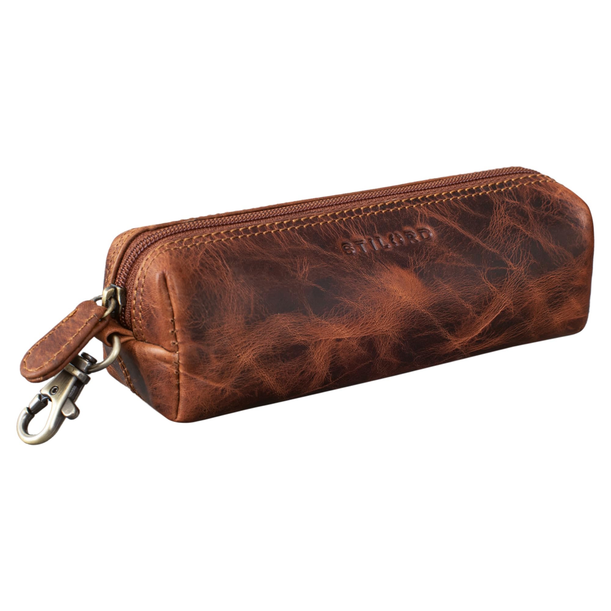 STILORD 'Camillo' Leather Pen and Key Case Vintage Pencil Pouch with Key Ring Pen Holder Made of Genuine Leather, Colour:Kara - Cognac