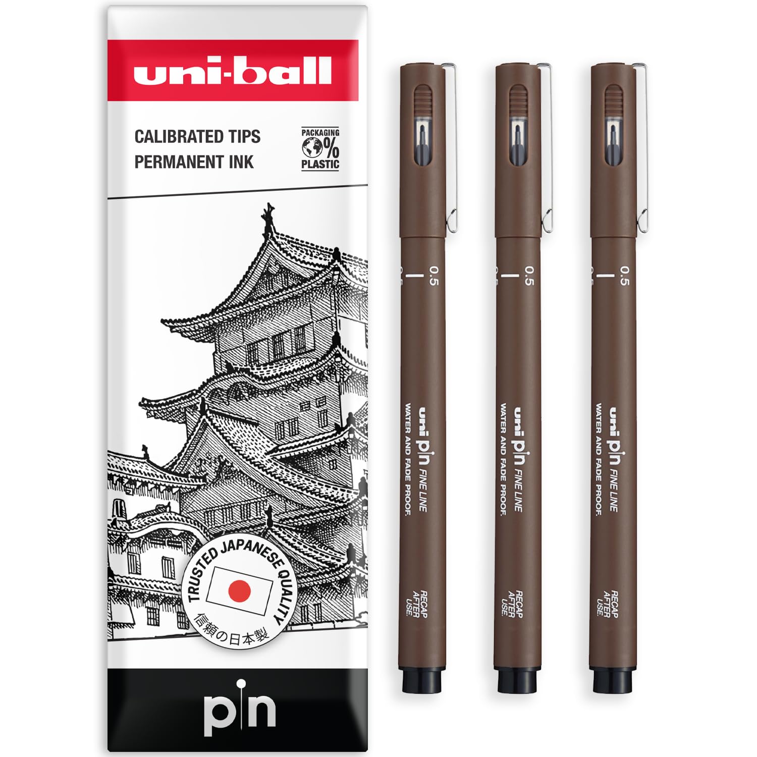 uni-ball PIN Fineliners | Fine Tipped Writing Pens | Water & Fade Resistant Ink | Ideal for Sketching, Scrapbooking, Outlining, Art, Technical Drawing | In Envelope Gift Pack (Sepia - 0.5mm, 3)