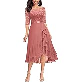 Miusol Women's Off Shoulder Elegant Floral Ruffle Half Sleeve Lace Contrast Chiffon Party Dress