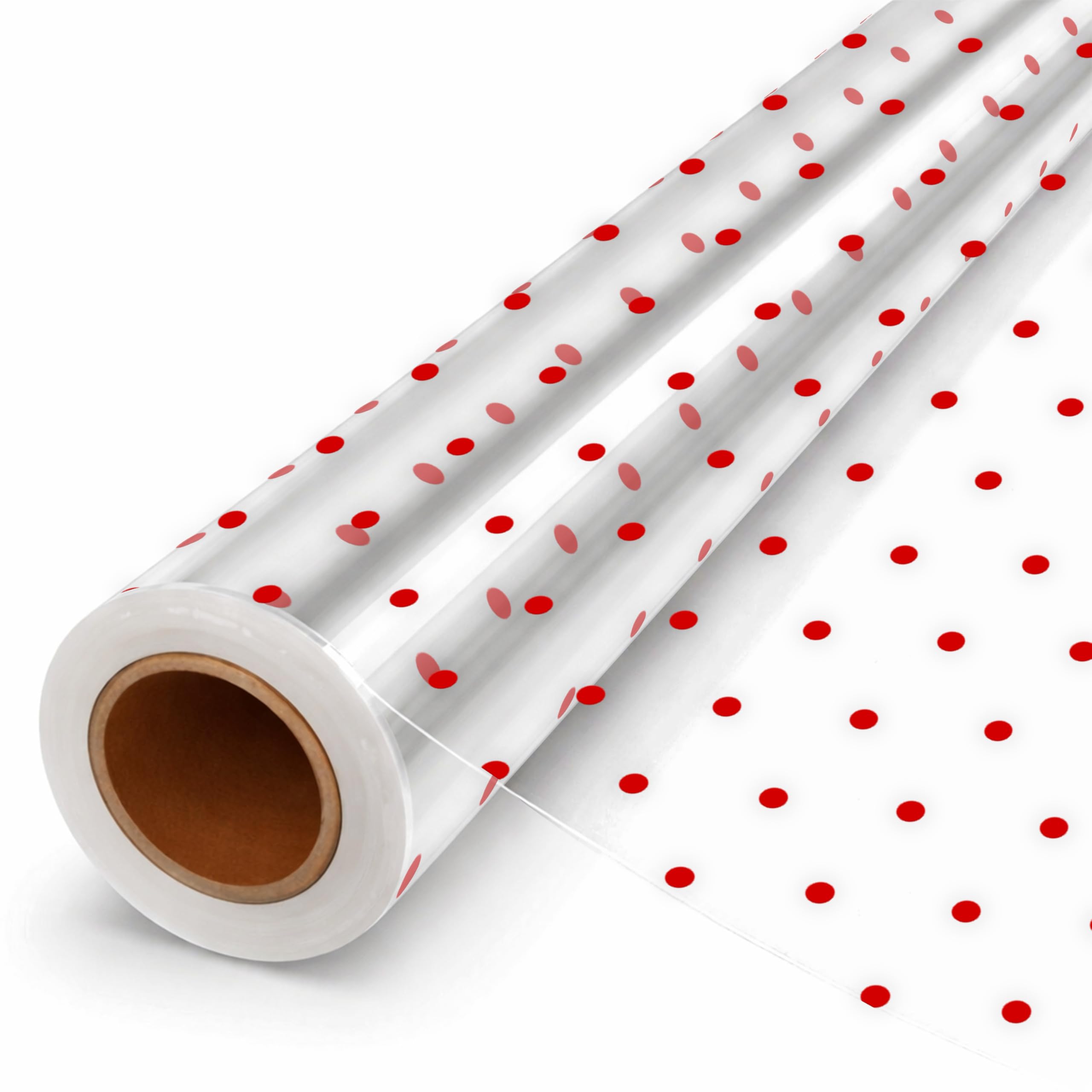 Red Polka Dot Clear Gift Wrapping Paper - Pack of 1 (40cm x 30m) Transparent Gift Wrapping Paper for Christmas and Holidays, Ideal for Gift Basket & Florist Paper