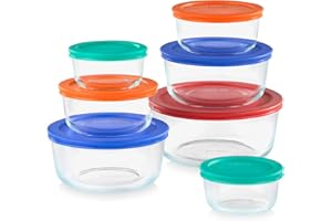 Pyrex 1123271 Simply Store 14 Piece Round Food Storage Set, Colored Lids, Multi