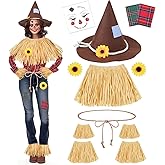 MOVINPE 12 Pieces Scarecrow Costume Kit for Adult Kids, Raffia Scarecrow Accessories Felt Hat Rope Face Decals Sunflower Patchwork for Halloween Harvest Cosplay Party Brown