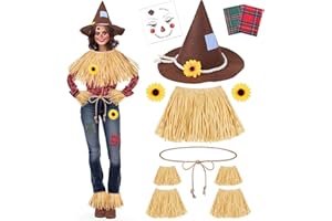 MOVINPE 12 Pieces Scarecrow Costume Kit for Adult Kids, Raffia Scarecrow Accessories Felt Hat Rope Face Decals Sunflower Patchwork for Halloween Harvest Cosplay Party Brown