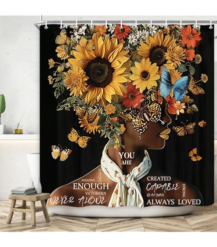 Hipaopao Black Girl Boho Shower Curtain - African Woman Theme, Waterproof 72x72 Inch Fabric With Hooks