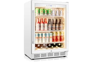 Tylza 24" Beverage Refrigerator Glass Door Reversible White | Built-in/free, fast cool, <38dB, temp memory, glass+lock, 37-65