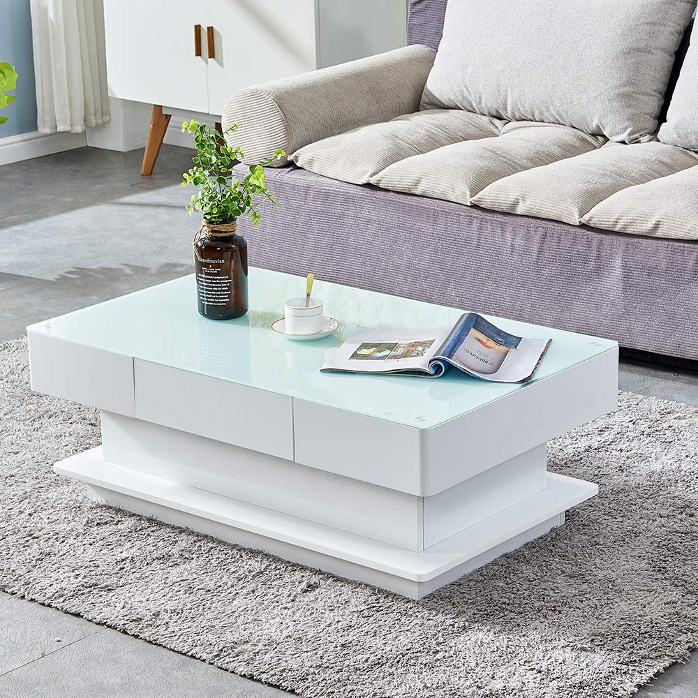 HomeSailing Modern White High Gloss Coffee Table with 2 Storage Drawers Living Room Large Glass Tabletop Coffee Table Wood Frame Sofa End Tea Table Rectangular for Office Waiting Reception Furniture