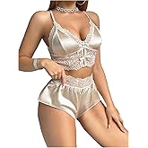 OYOANGLE Women's 2 Piece Lingerie Pajama Set Lace Trim Cami Crop Top and Shorts Pjs Sleepwear