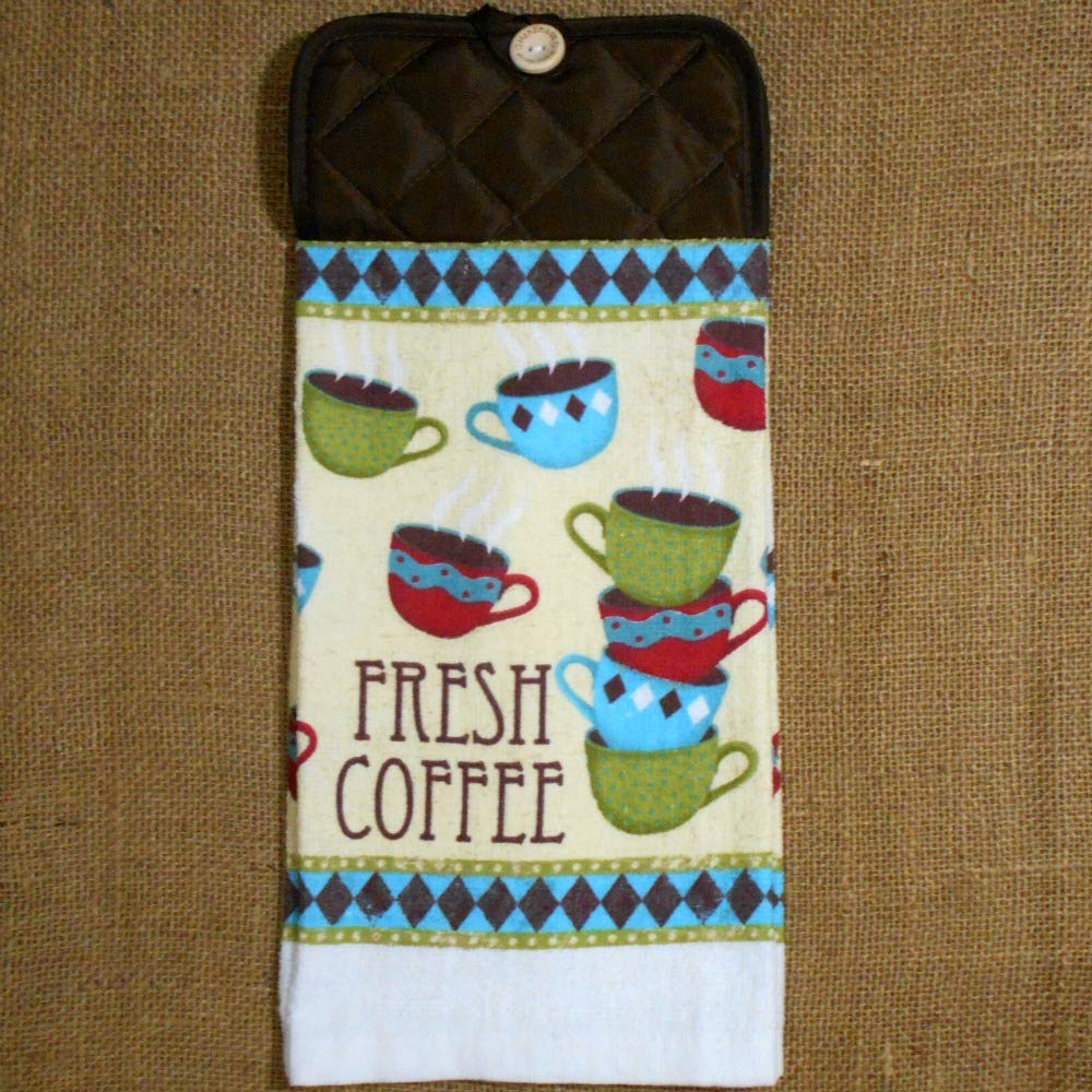 Coffee Cup Themed Hanging Dish Towel, Blue Kitchen Decor