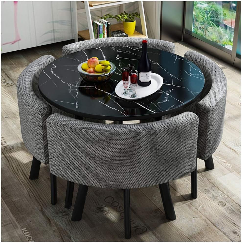 Dining Table and Chair Combination Modern Minimalist Leisure Table Office Reception Room Marble Look Round Table 80cm1 Table and 4 Chairs Balcony Living Room Coffee Table 4 Cotton and Linen Chairs