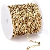 33FT 18K Gold PVD Plated Paperclip Chains Roll, 3.3mm Gold Stainless Steel Oval Link Chains Spool Bulk for DIY Jewelry Making Necklace Bracelet