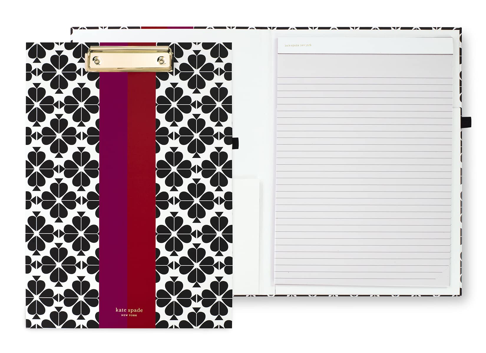 Kate Spade New York A4 Clipboard Folio with Low Profile Clip, Professional Padfolio Includes Lined Notepad, Pen Loop, and Pocket, Black Spade Flower