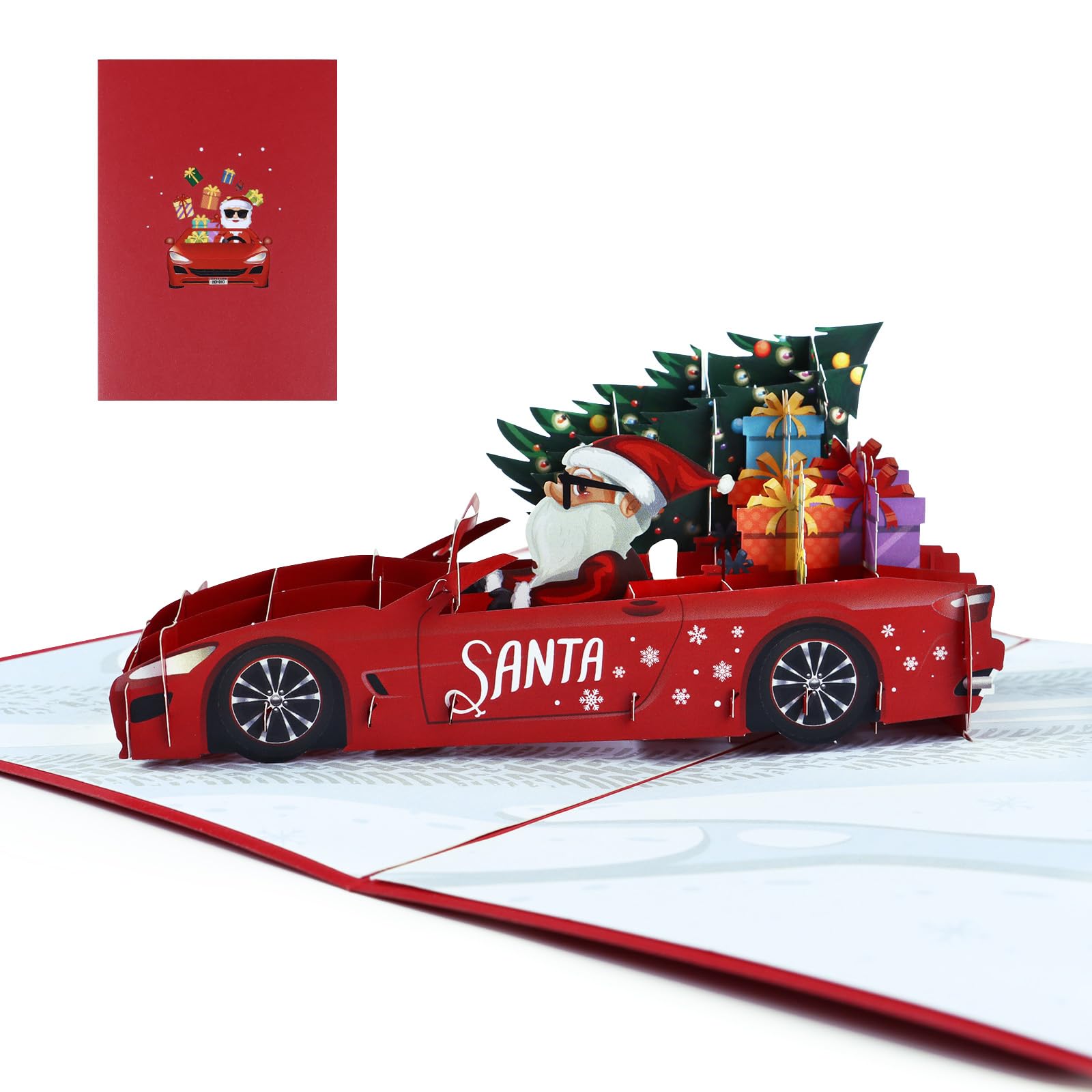 Christmas Pop Up Card with Envelop Santa Claus Greeting Card Funny 3D Card Decoration Red Truck with Christmas Tree for Xmas Winter Holiday