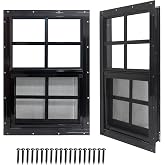 Yuzzy 14" x 21" Shed Windows with Tempered Glass and Fiberglass Screen, 2 Pack Small Sliding Windows for Shed, Chicken Coop, Playhouse, Household, Garage, Barns (Black)