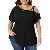 Agnes Orinda Plus Size Top for Women Criss Cross Off One Shoulder Summer Short Sleeve T-Shirts Tees Blouses