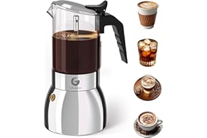 Coffee Gator 9 Cup Moka Pot, 15oz Stovetop Espresso Maker for Italian Coffee, Transparent Glass & Stainless Steel Design, Silver, 450ml