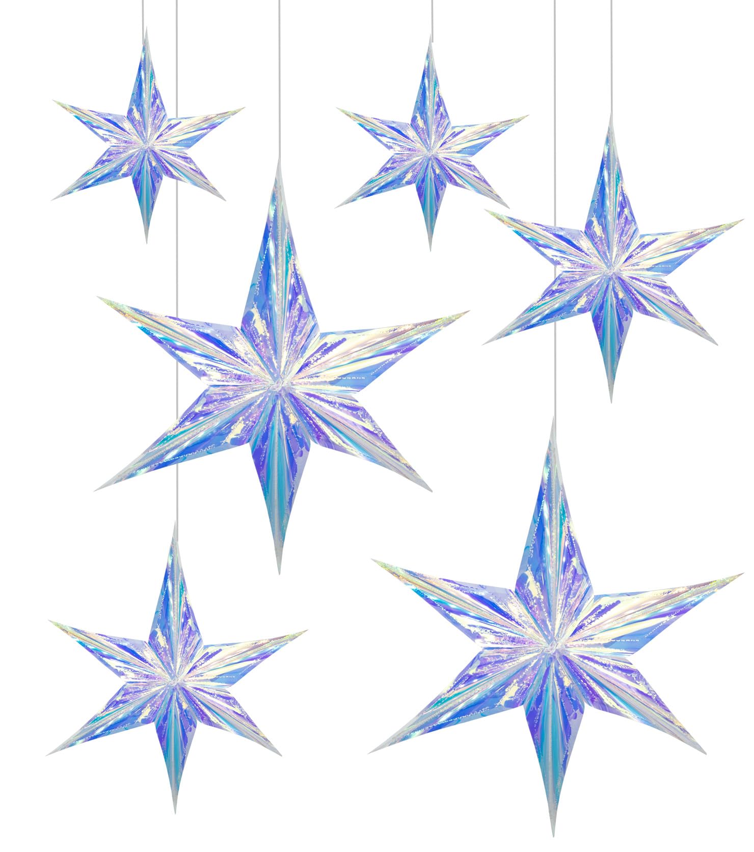 Photo 1 of Rovplus 6 Pack Holographic Hexagram Stars Ornament for Party Decoration, Rainbow Shine Iridescent Hexagon Star of David Clear Foil Decorative Ornaments for Wedding Frozen Birthday Hanukkah Decor
