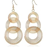 Multi Circles Earrings for Women Handmade 14K Gold Silver Plated Lightweight Long 70S Triple Round Swirl Link Dangle Drop Disco Earrings Accessories Jewelry Gifts