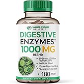 Wholesome Wellness Digestive Enzymes 1000MG Plus Prebiotics &amp; Probiotics Supplement, 180 Capsules, Organic Plant-Based Vegan Formula for Digestion &amp; Lactose with Amylase &amp; Bromelain,3-6 Months Supply