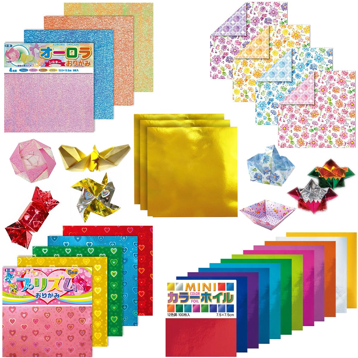 Photo 1 of Japanese Origami Paper Set – 5-Pack Special Effects Collection (Gold Foil, Prism, Twin Color, Floral, Metallic) for Crafts & Scrapbooking – Made in Japan