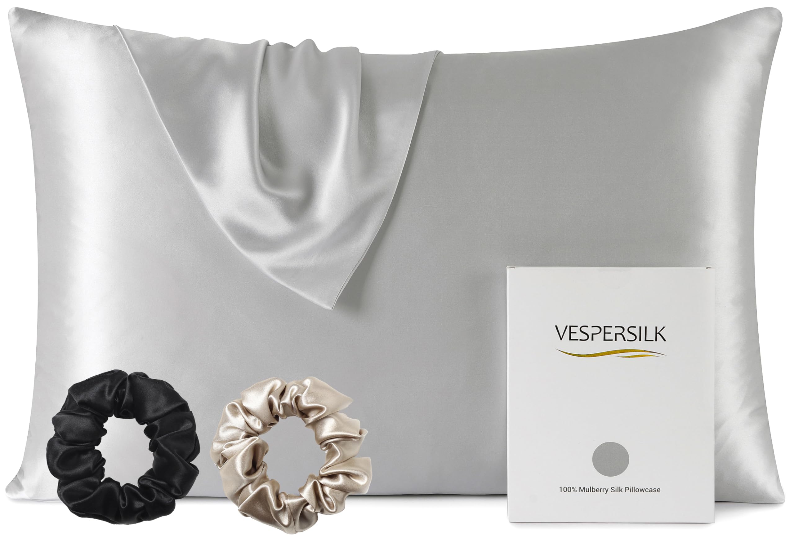 Vespersilk 100% Mulberry Silk Pillowcase & 2 Scrunchies Set for Hair and Skin Health, 19 Momme Grade 6A Organic Silk Both Sides, with Hidden Zipper (Standard 50x75cm, Silver Grey)