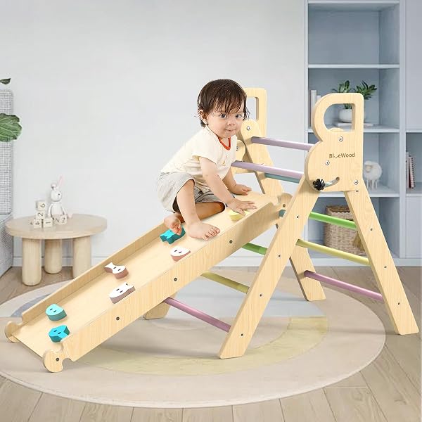 Triangle D'escalade Montessori 5 En 1 Pliable | En Bois Pin | Toboggan + Balançoire | Pour Intérieur/extérieur | Enfant 1-6 Ans