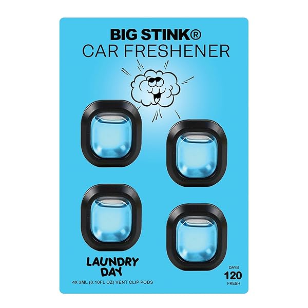 BIG STINK ODOR-FIGHTING, CAR AIR FRESHENER VENT CLIP LONG LASTING, LAUNDRY DAY SCENT, 4 COUNT