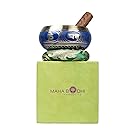 Tibetan Singing Bowl Set ~ Cool Blue Design ~ Maha Bodhi 5 Inch Wide Authentic Meditation Gong for Relaxation and Chakra Healing ~ Completely Hand Carved ~ Perfect Gift