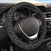 FJyuanqi Black Leopard Cheetah Steering Wheel Cover for Women Girls, Anti-Slip High Elastic Breathable Soft Rubber Car Steering Wheel Cover, Universal 15 Inch Fit for Cars, Auto, SUVs