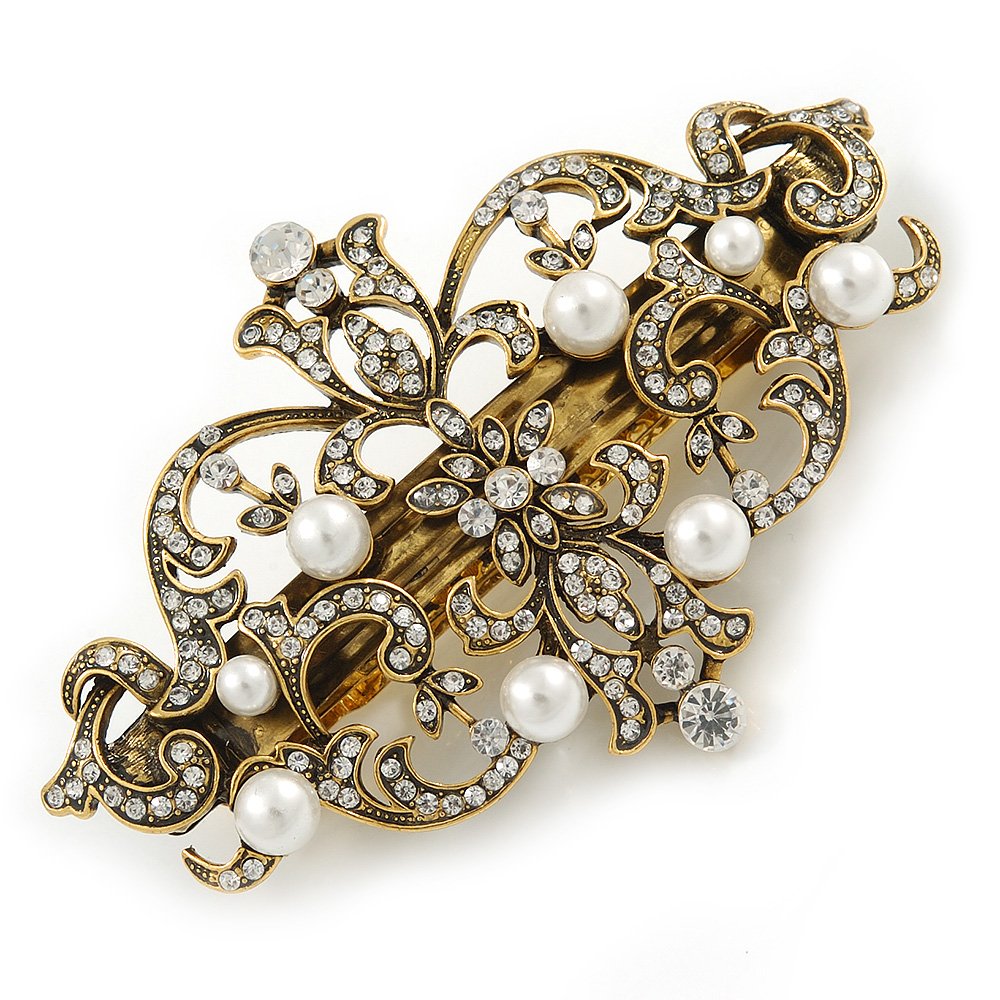 Vintage Inspired Antique Gold Open Cut Clear Crystal, White Glass Pearl Barrette Hair Clip Grip - 85mm Across