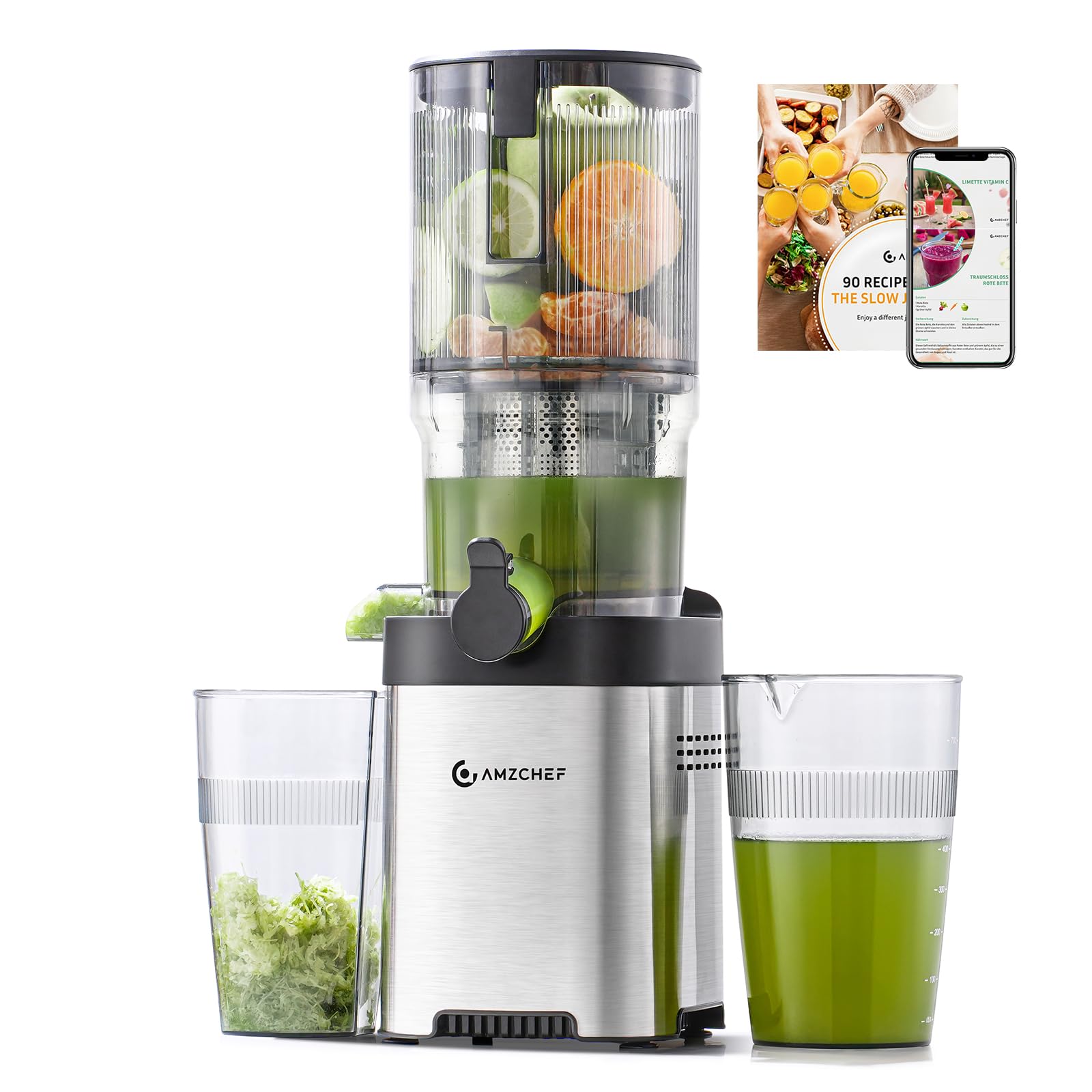 Cold press Juicer Machines with 5.4" Extra Self-Feeding for Whole Vegetable & Fruit, Juice Extractor with Large Auger & Triple Strainers, Easy to Clean, High Juice Yield, Stainless Steel Silver Image