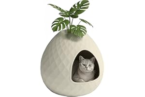 VIXZEN Cat Litter Box Enclosure - Hidden Litter Box with Removable Planter Top, Egg-Shaped Resin Design, Tool-Free Quick Assembly, Spacious Interior, Ideal for Indoor Use (White)