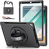 Case for iPad Pro 12.9 2nd Generation 2017 & 2015 1st Generation, Heavy Duty Rugged TPU Protective Cover with Screen Protector- Stand + Handle Hand & Shoulder Strap + Pencil Holder- Black